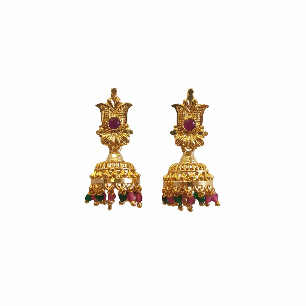 Gold Filigree Bell Jhumka on white background