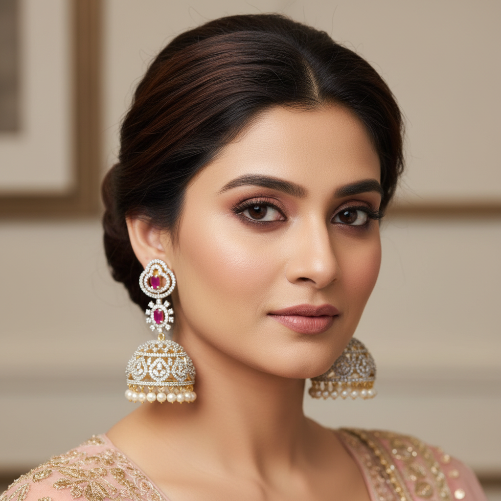 Pink CZ Heart Jhumka - Model Wear