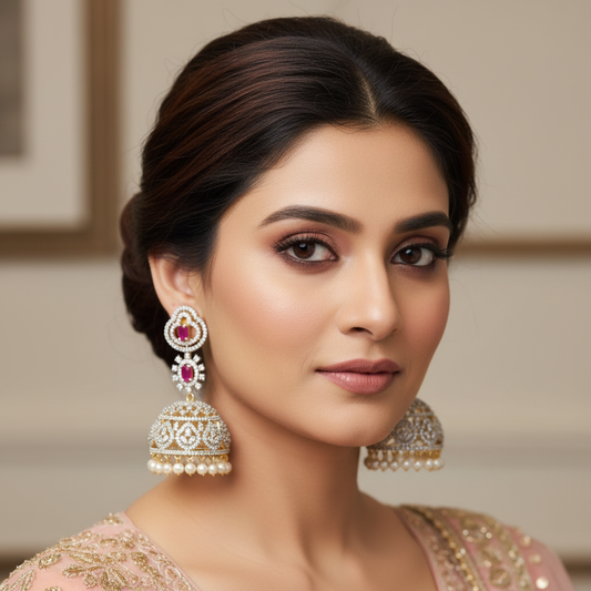 Pink CZ Heart Jhumka - Model Wear