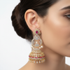 CZ Diamond Chandelier Jhumka Ruby Red - Model Wear White Background