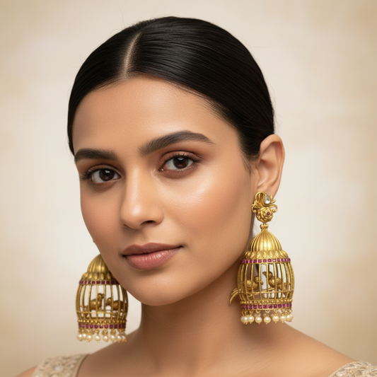 Model wearing antique gold cage jhumka earrings with ruby stones and pearl drops