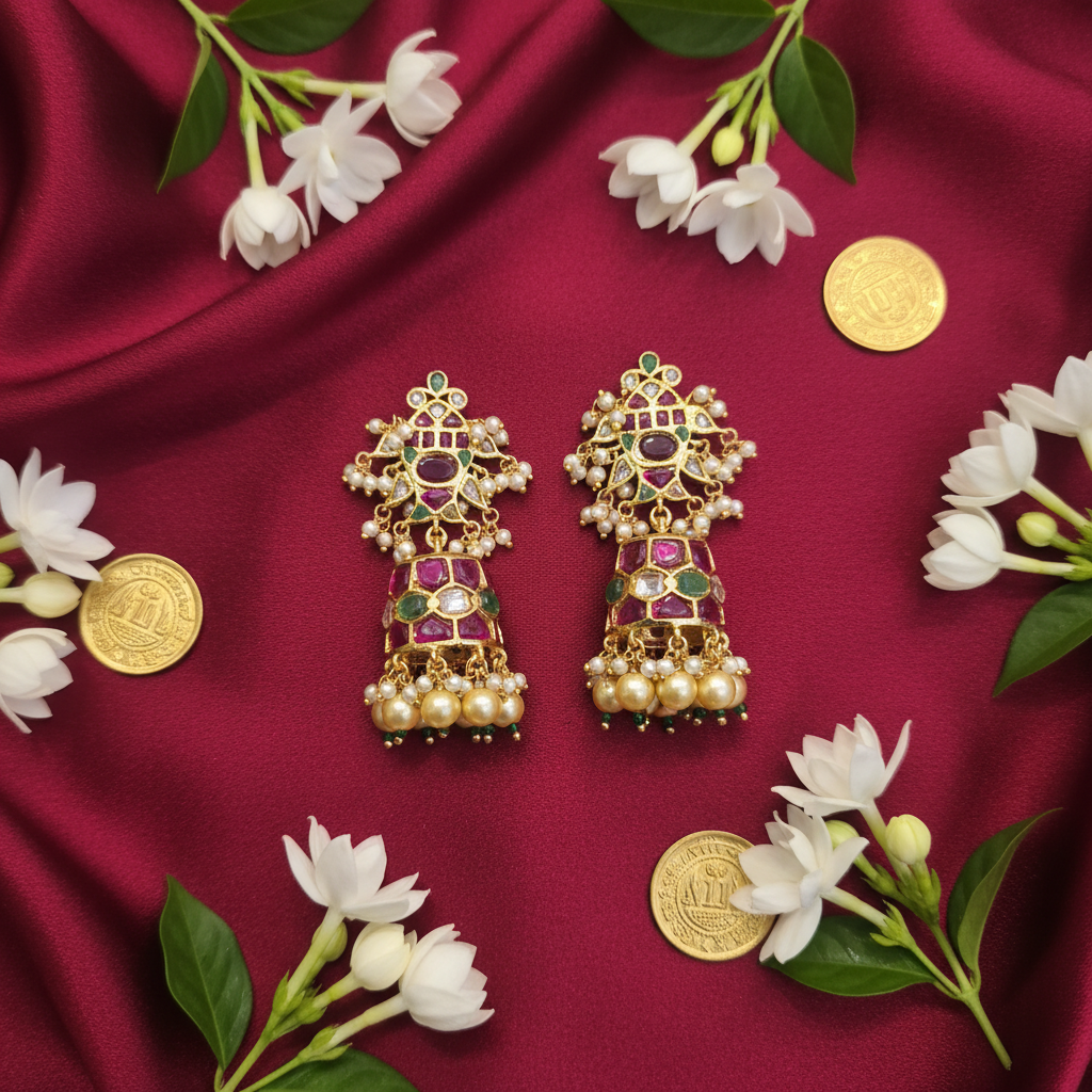 Polki Kundan Chandelier Jhumka - Flat Lay on Red Silk
