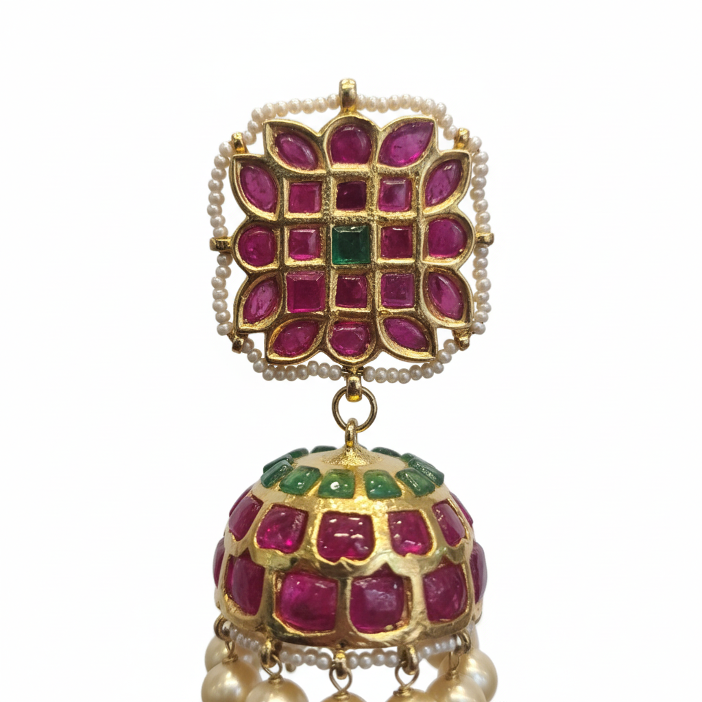 Square Kundan Jhumka - Macro Gemstone Detail