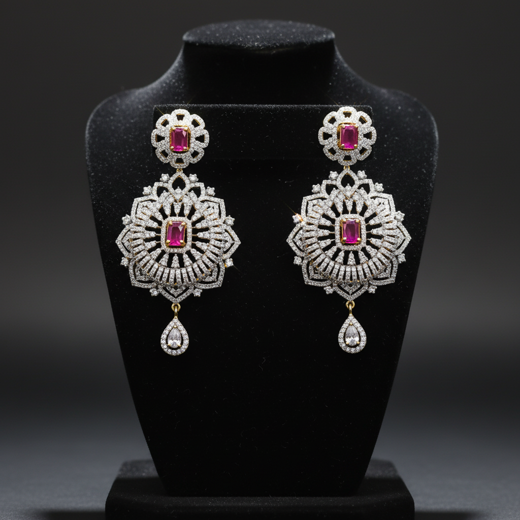 CZ Sunburst Floral Drop Earrings - Velvet Display Stand