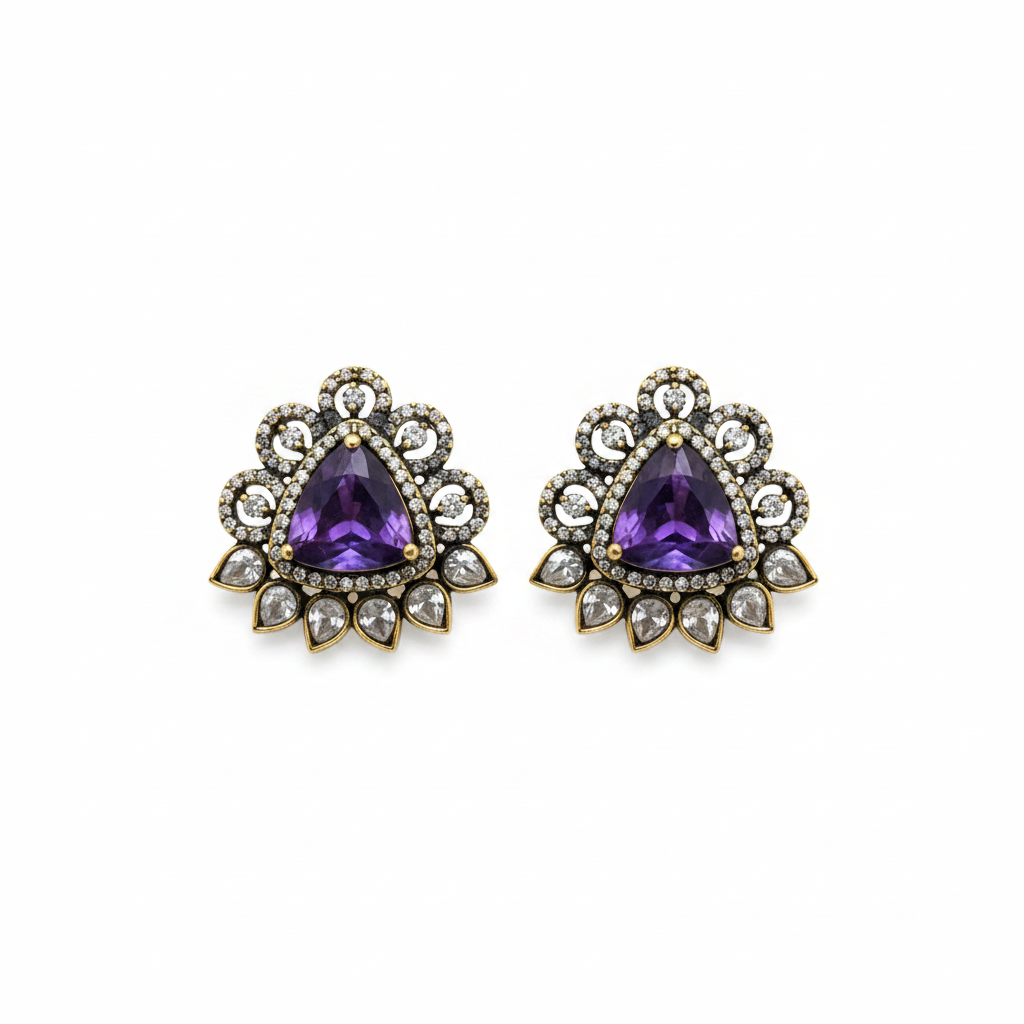 Macro close-up of Mehndi Polish Amethyst Stud Earrings