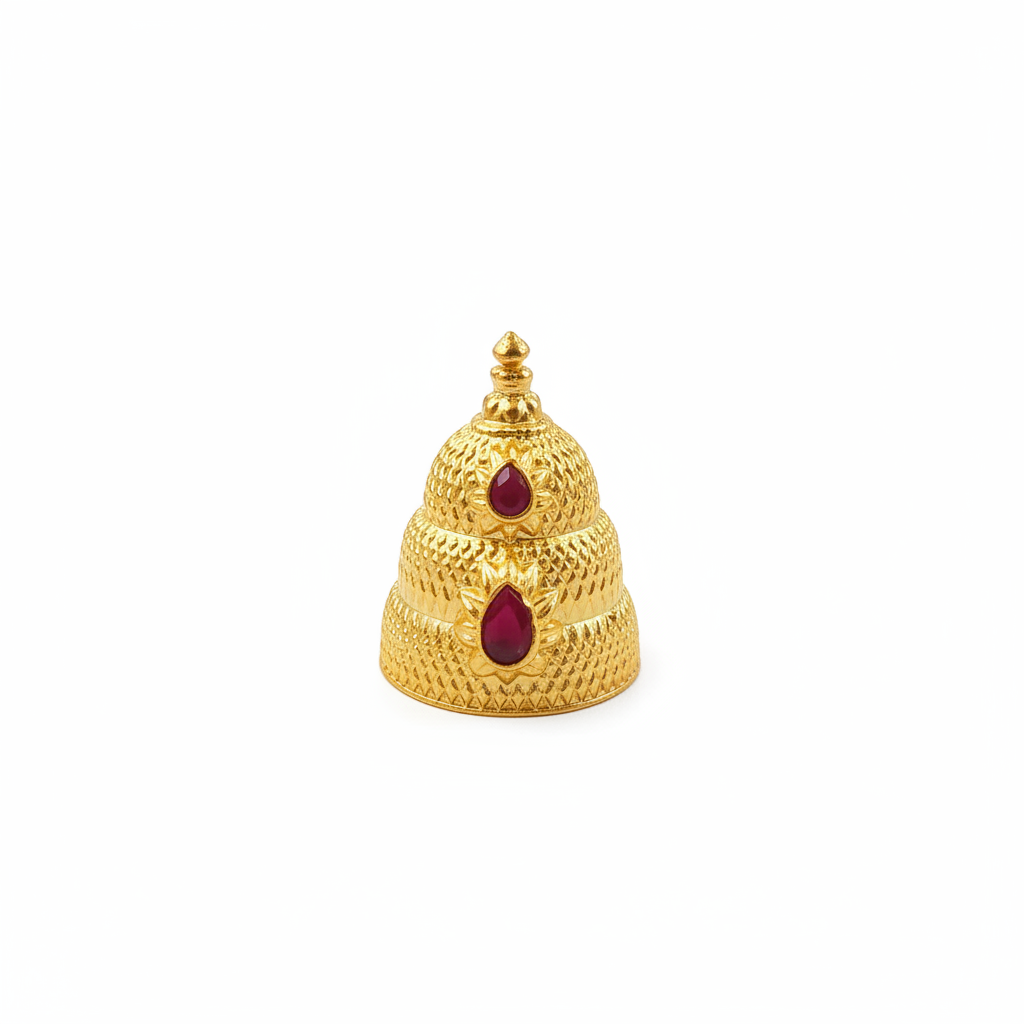 Gold tiered conical mukut for Hindu deity idol - white background