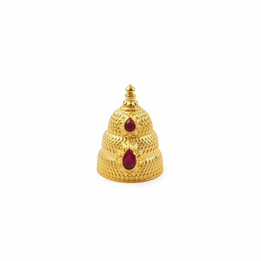 Gold tiered conical mukut for Hindu deity idol - white background