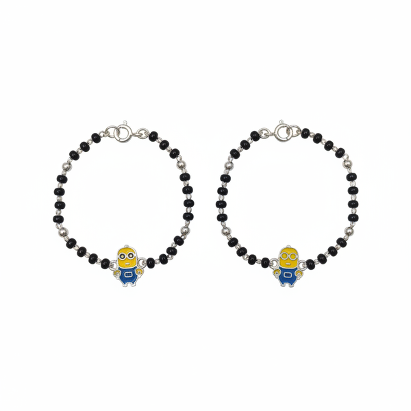 92.5 Silver Kids Bracelet with Minion Cartoon Charm and Black Beads - White Background