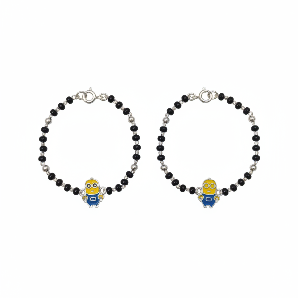 92.5 Silver Kids Bracelet with Minion Cartoon Charm and Black Beads - White Background