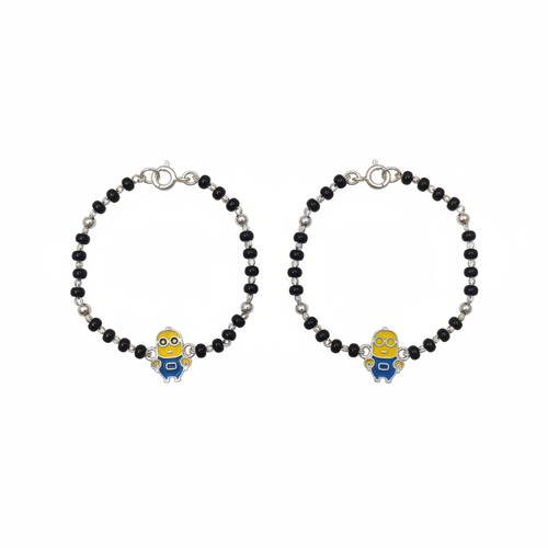 92.5 Silver Kids Bracelet with Minion Cartoon Charm and Black Beads - White Background