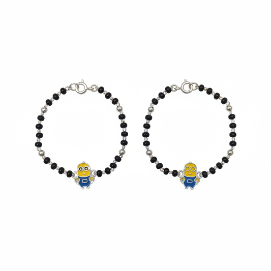 92.5 Silver Kids Bracelet with Minion Cartoon Charm and Black Beads - White Background