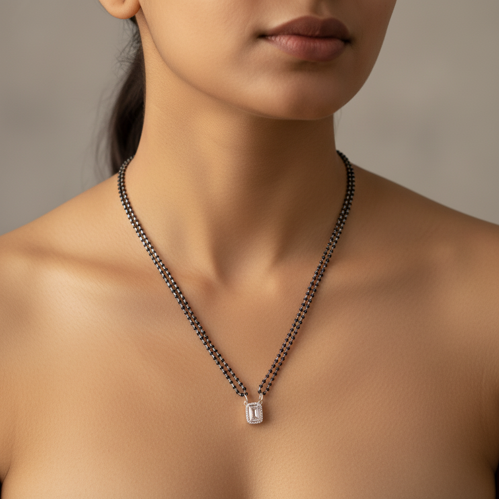 Double strand black bead mangalsutra with emerald-cut CZ pendant - lifestyle