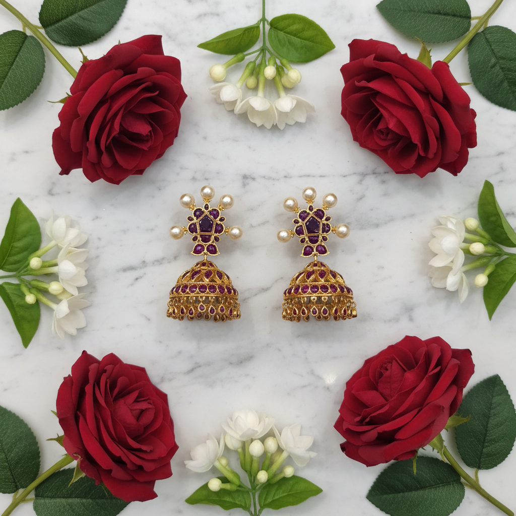Kempu Pearl Cross Stud Jhumka flat lay with roses – lifestyle styling