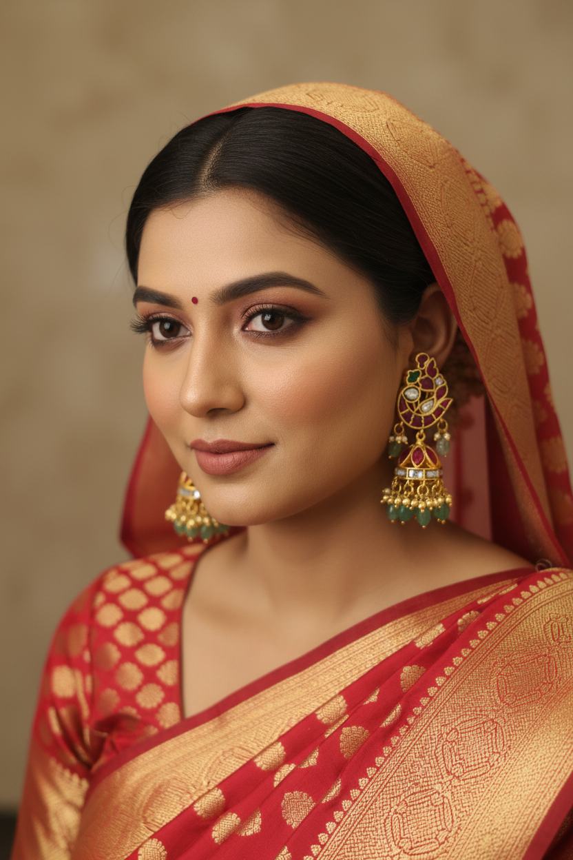 Indian model wearing Jadau Kundan Jhumka Earrings editorial shot