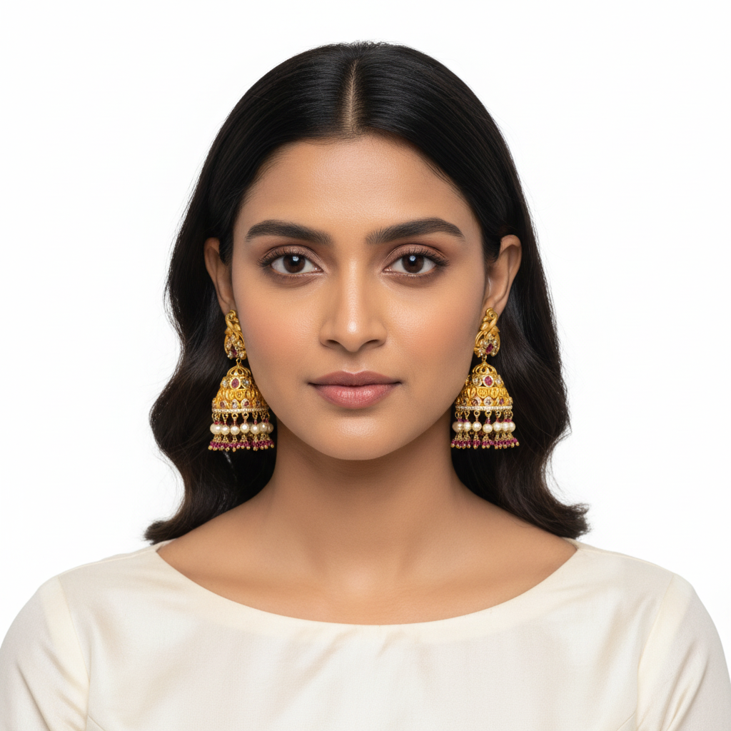 Model wearing Matt Finish Polki Jhumka - Ruby pearl variant