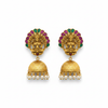 Goddess Laxmi Matte Gold Temple Jhumka Earrings flat lay on white background