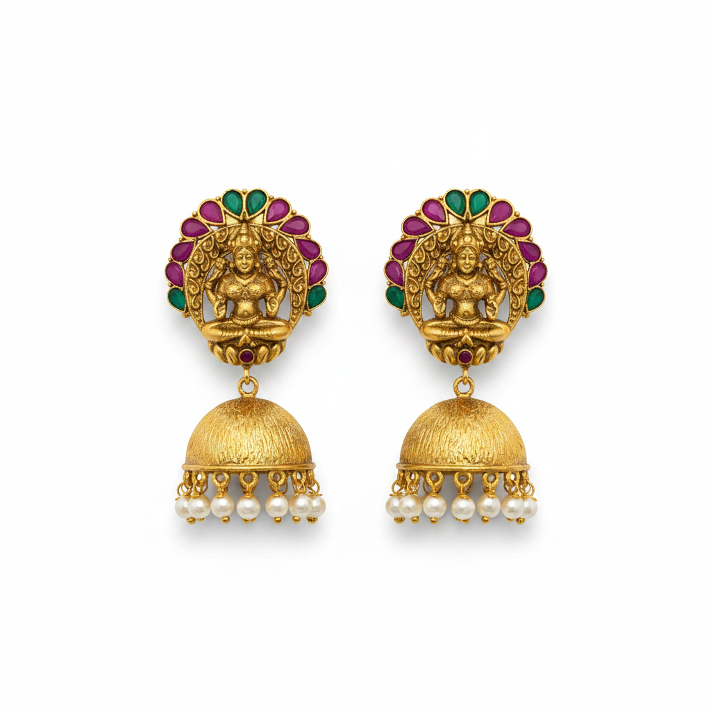 Goddess Laxmi Matte Gold Temple Jhumka Earrings flat lay on white background