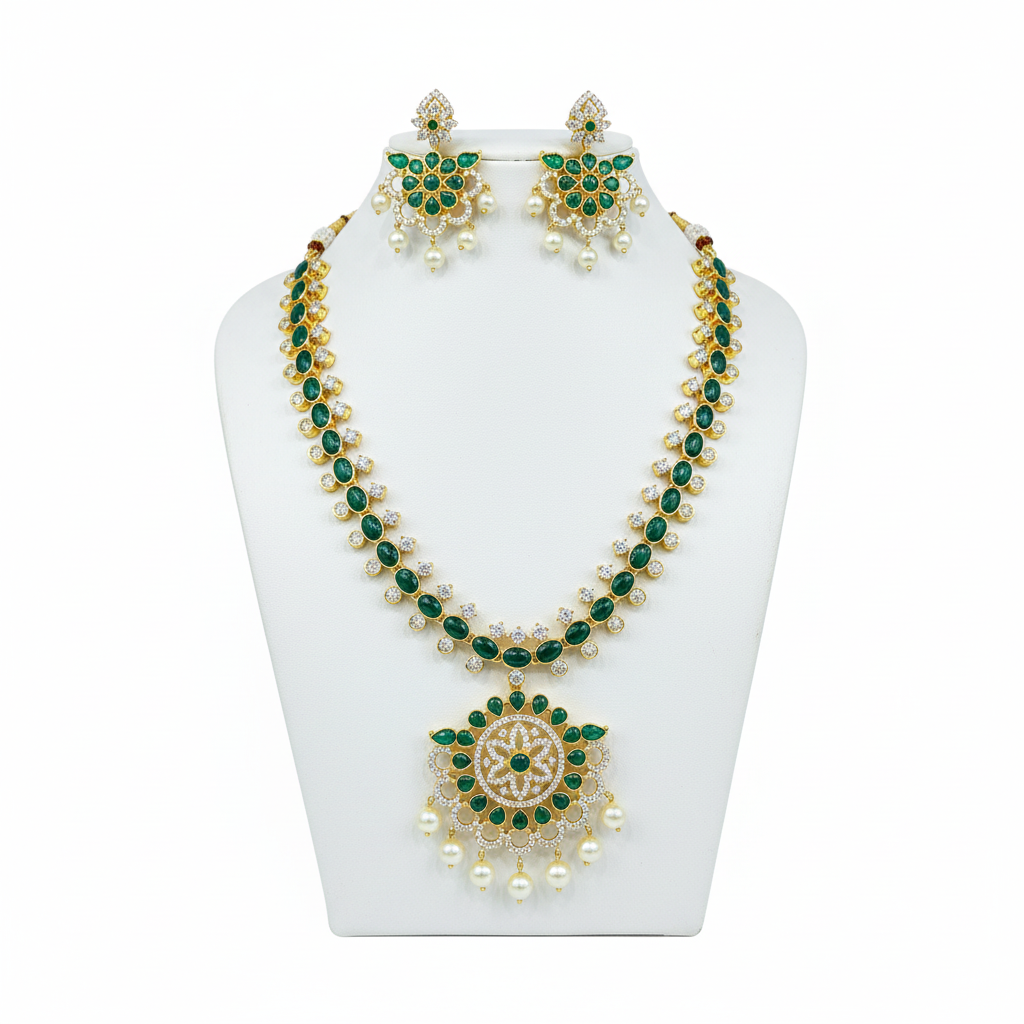 Emerald green CZ necklace set on mannequin bust white background