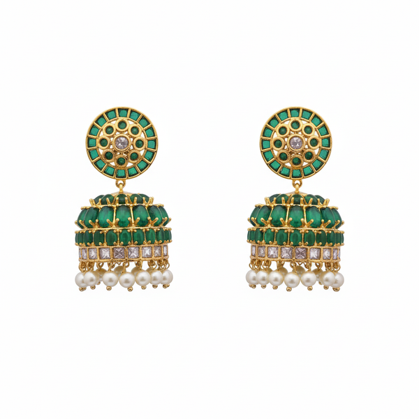 Jadau Emerald Polki Jhumka pair on white background – product shot