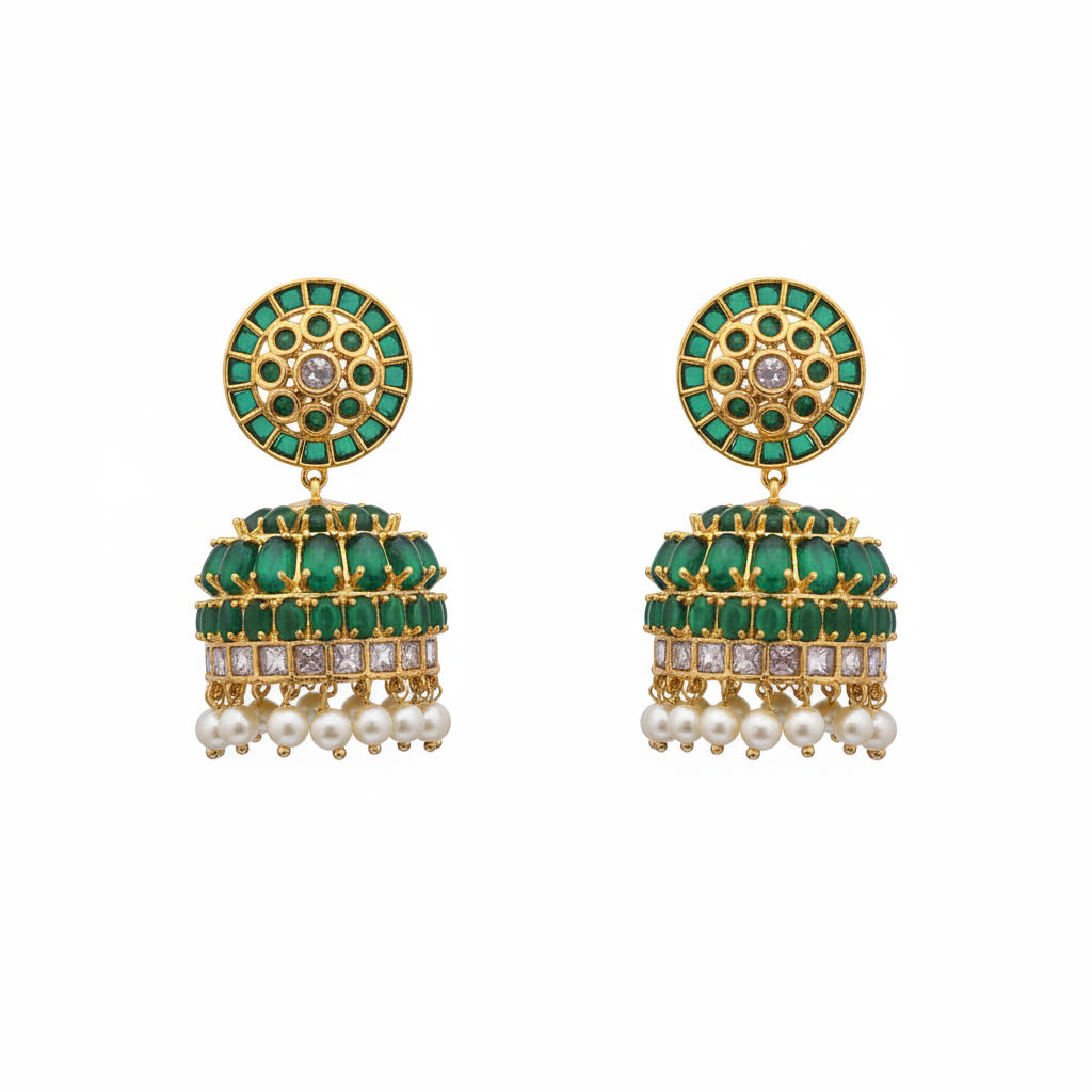 Jadau Emerald Polki Jhumka pair on white background – product shot