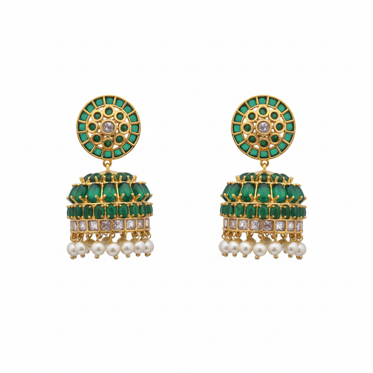 Jadau Emerald Polki Jhumka pair on white background – product shot
