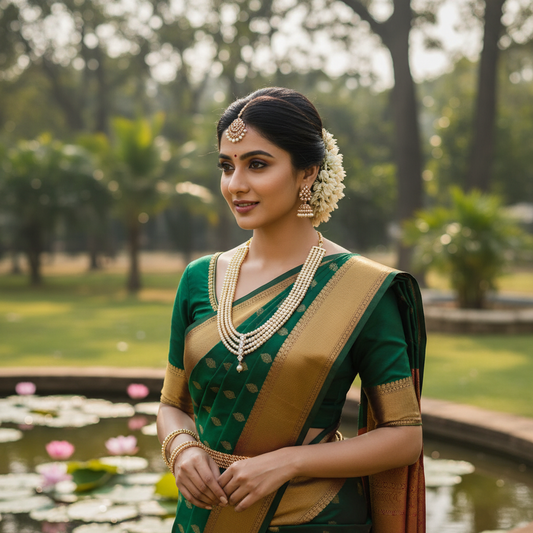 Woman wearing golden pearl necklace in garden setting