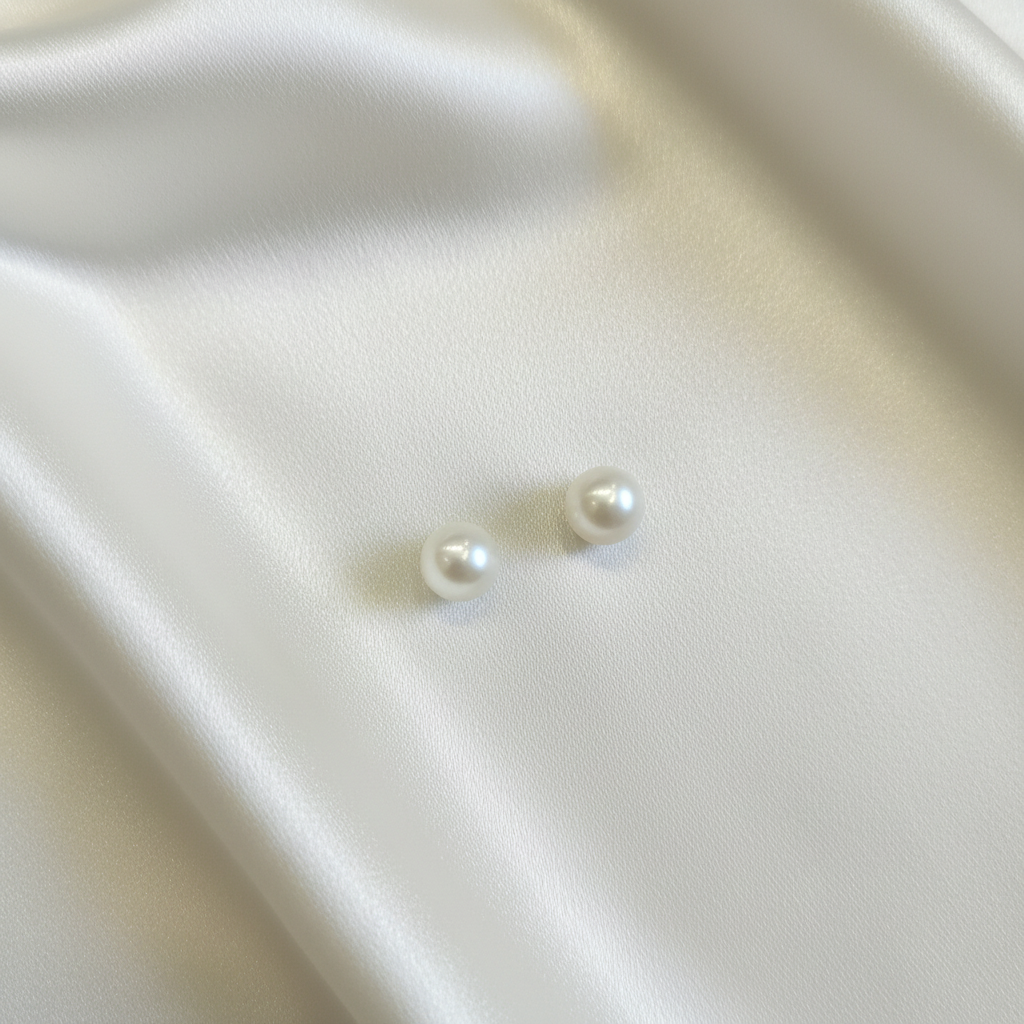 Real pearl stud earrings flat lay on ivory silk