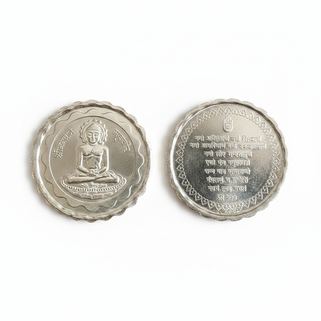 999 Pure Silver Mahavir Jain Coin front and back white background