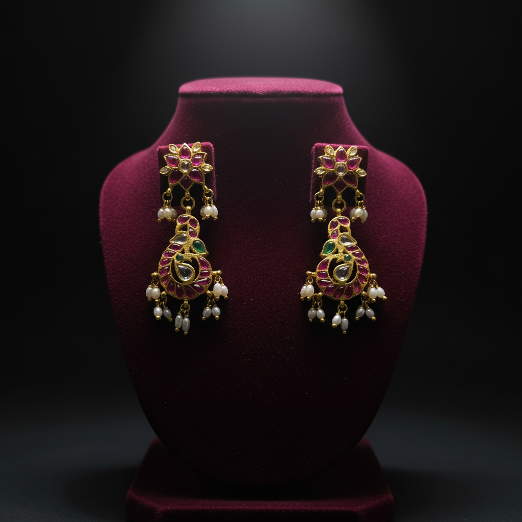 Kempu Peacock Dangler Earrings – velvet display presentation