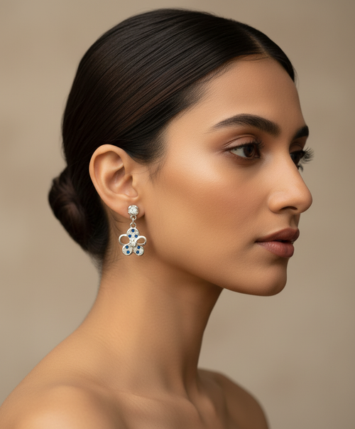 925 Silver Flower Earrings with Blue Sapphire Crystals