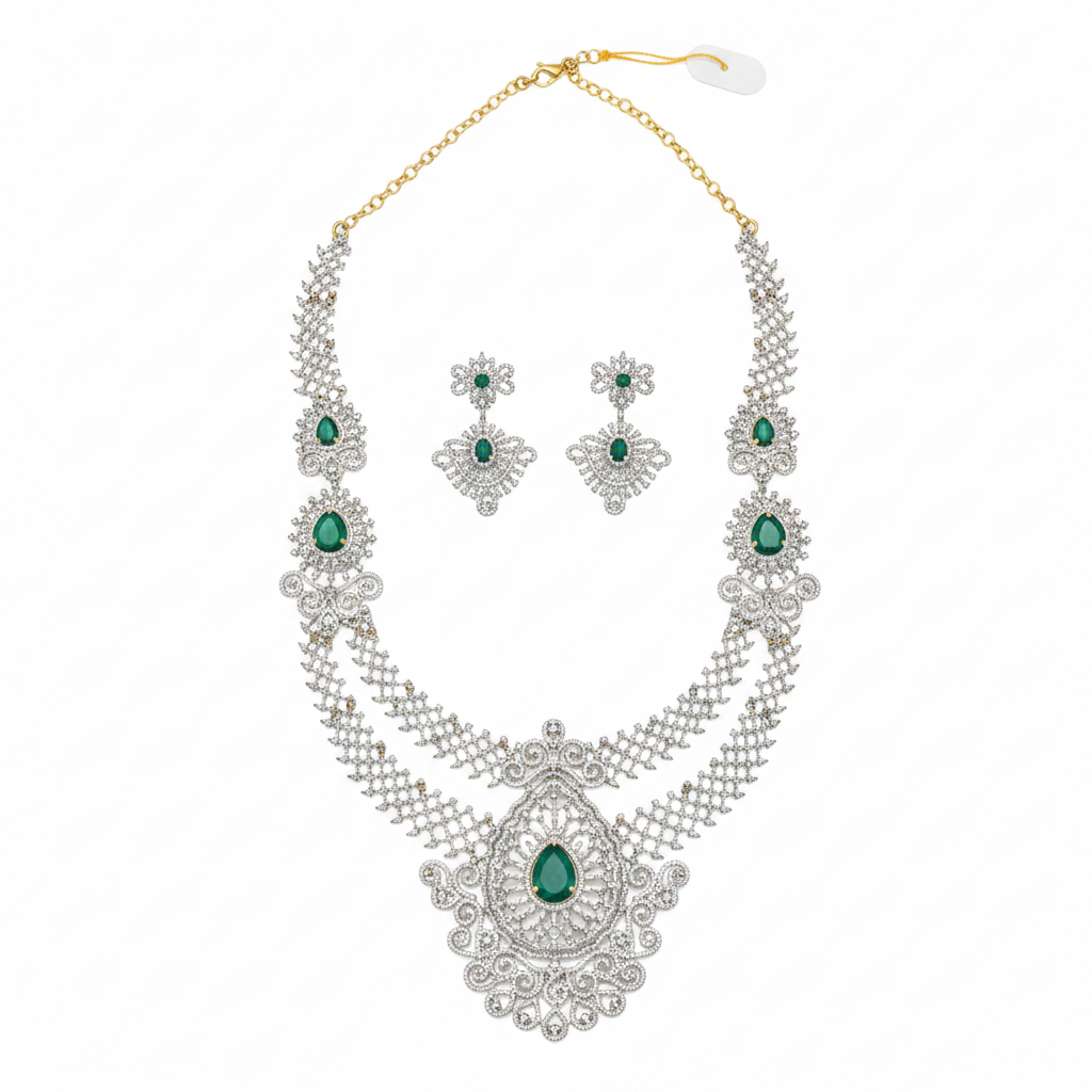 Diamond Replica Long Necklace Set with Emerald Stones – Full Set White Background