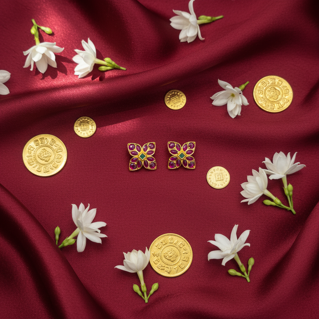 Ruby Kempu Butterfly Flower Studs - Flat Lay on Red Silk
