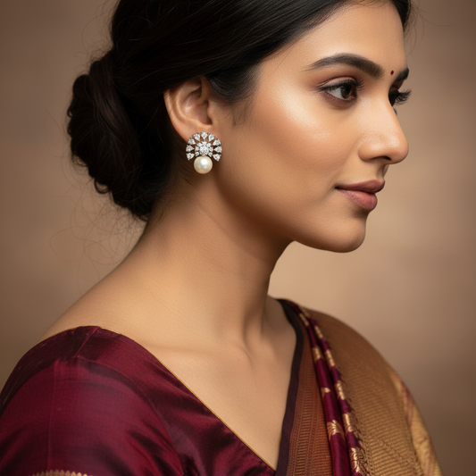 Model wearing Black Rhodium Pearl Crown Stud Earrings