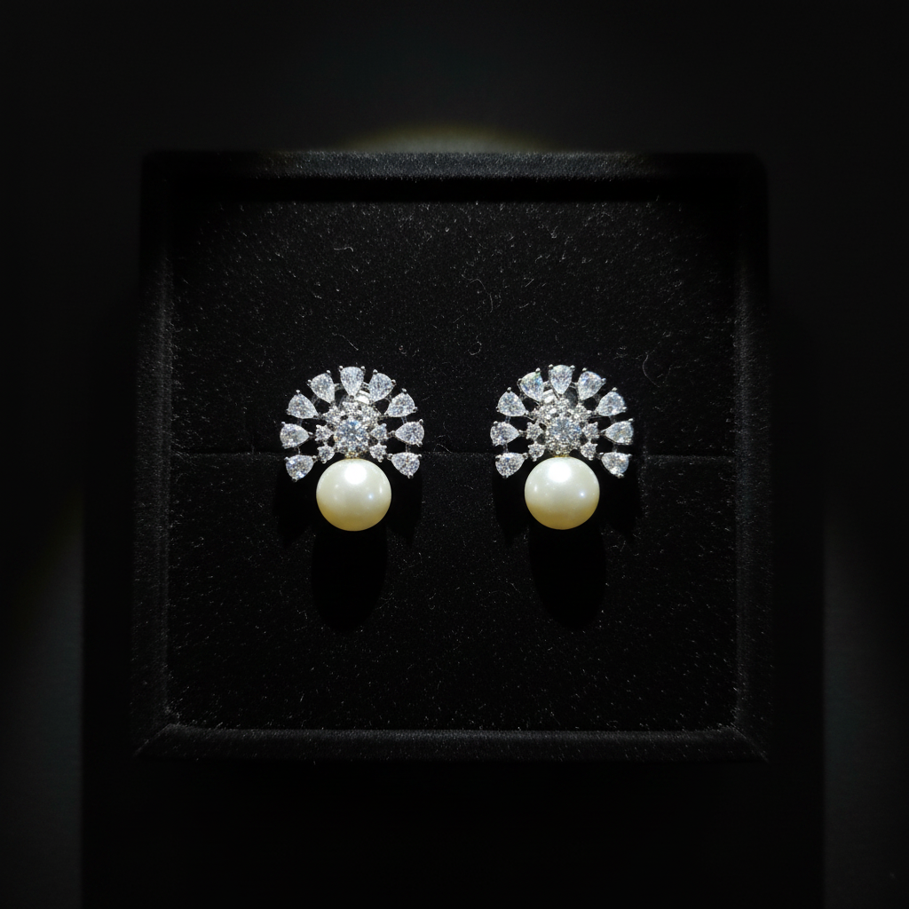 Black Rhodium Pearl Crown Stud Earrings on velvet display