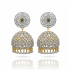 Diamond finished jhumka earrings green variant on white background