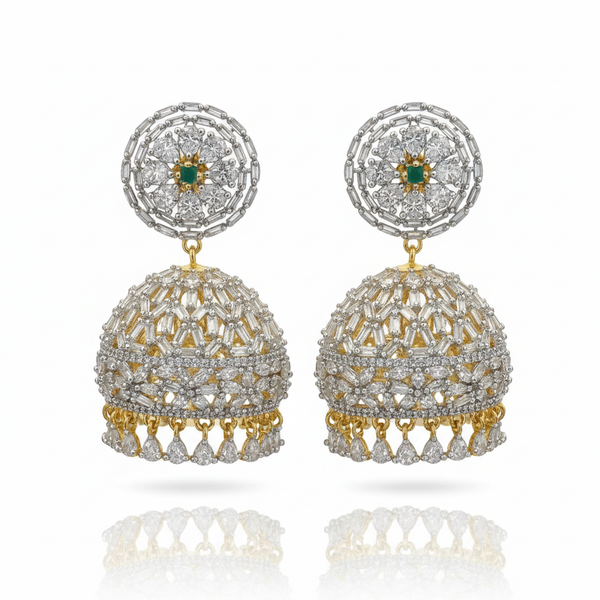 Diamond finished jhumka earrings green variant on white background