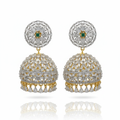 Diamond finished jhumka earrings green variant on white background
