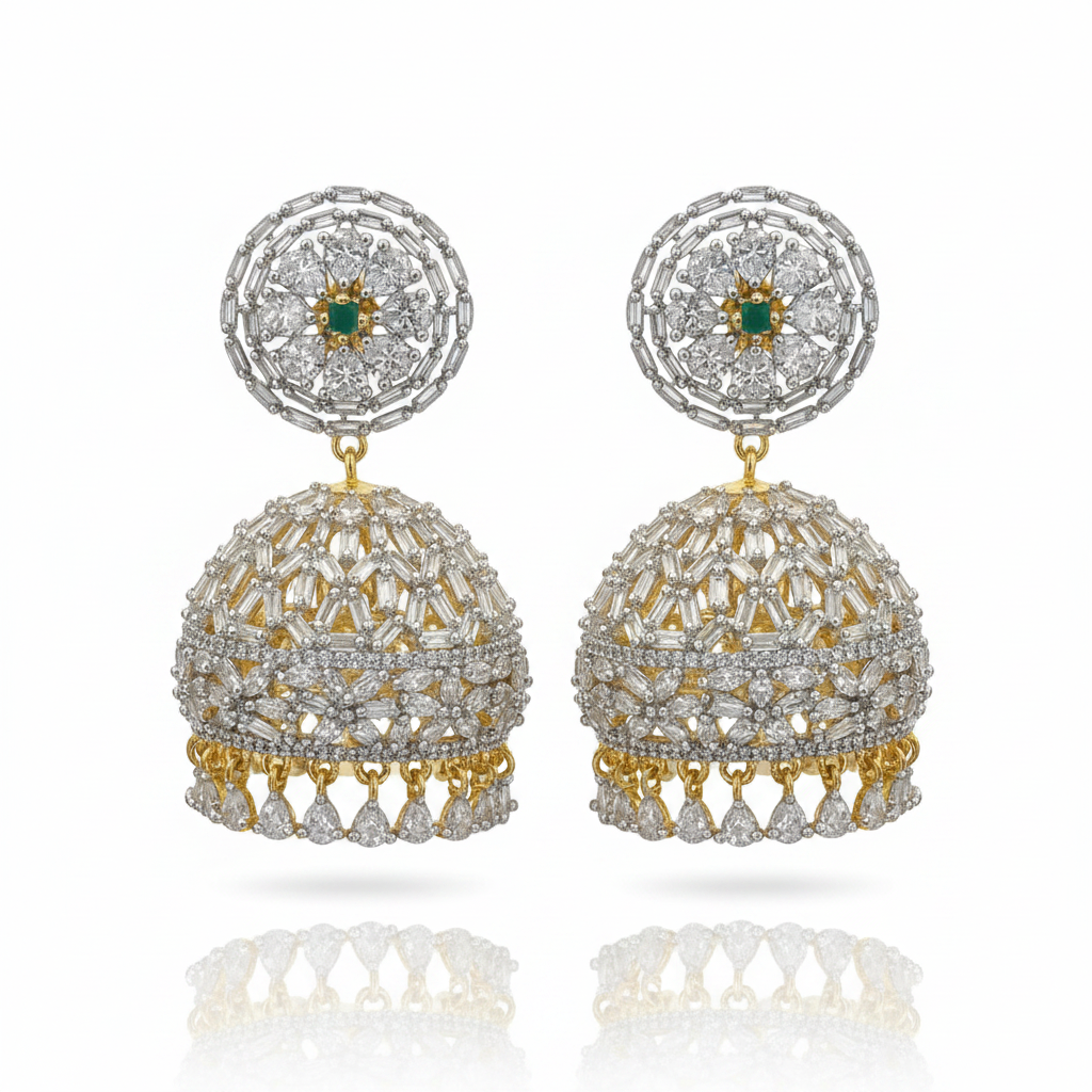 Diamond finished jhumka earrings green variant on white background