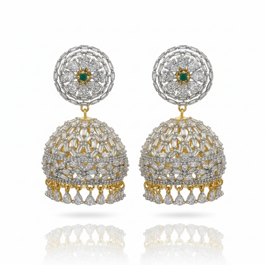 Diamond finished jhumka earrings green variant on white background