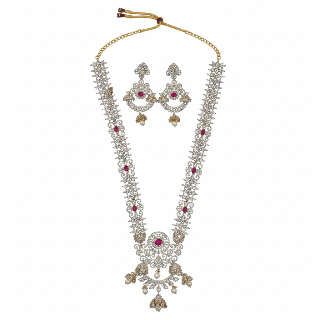 Ruby CZ Long Haram Necklace Set - Flat Lay
