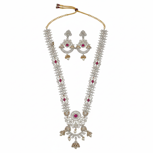 Ruby CZ Long Haram Necklace Set - Flat Lay