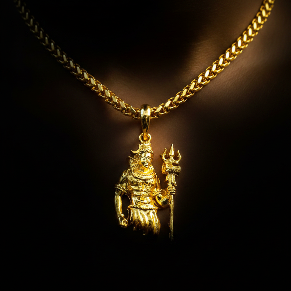 Lord Shiva pendant worn on neck with gold chain – lifestyle editorial photo