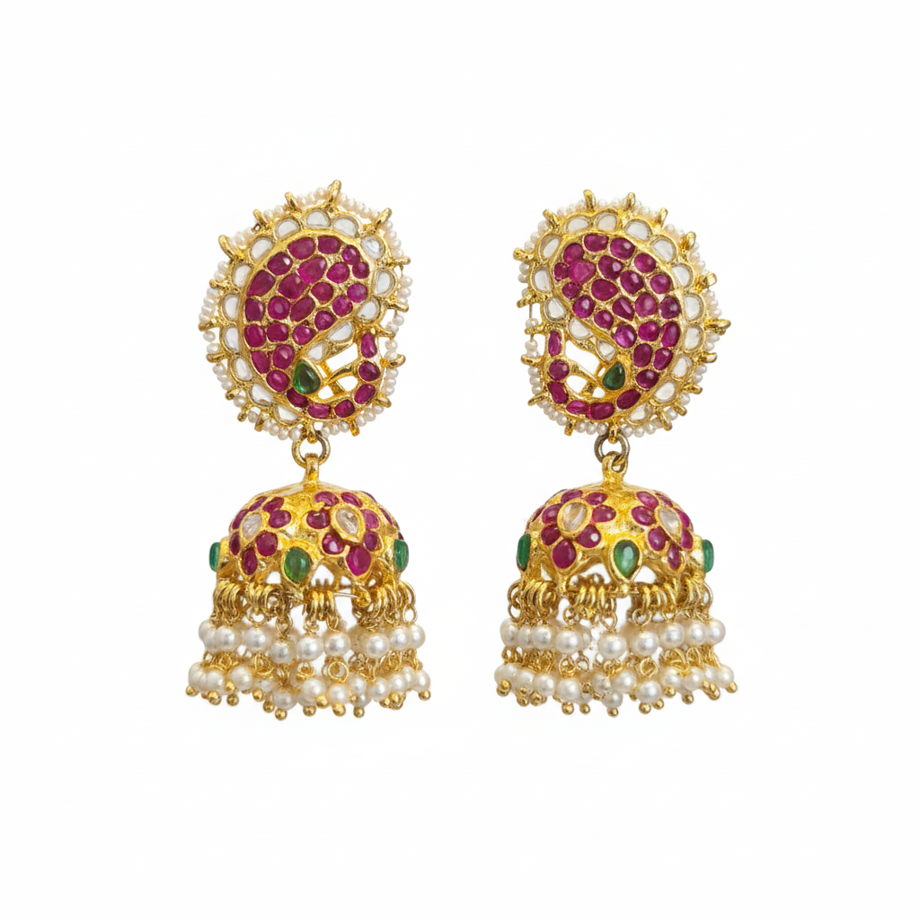 Kempu Handmade Jhumka Earrings - White Background