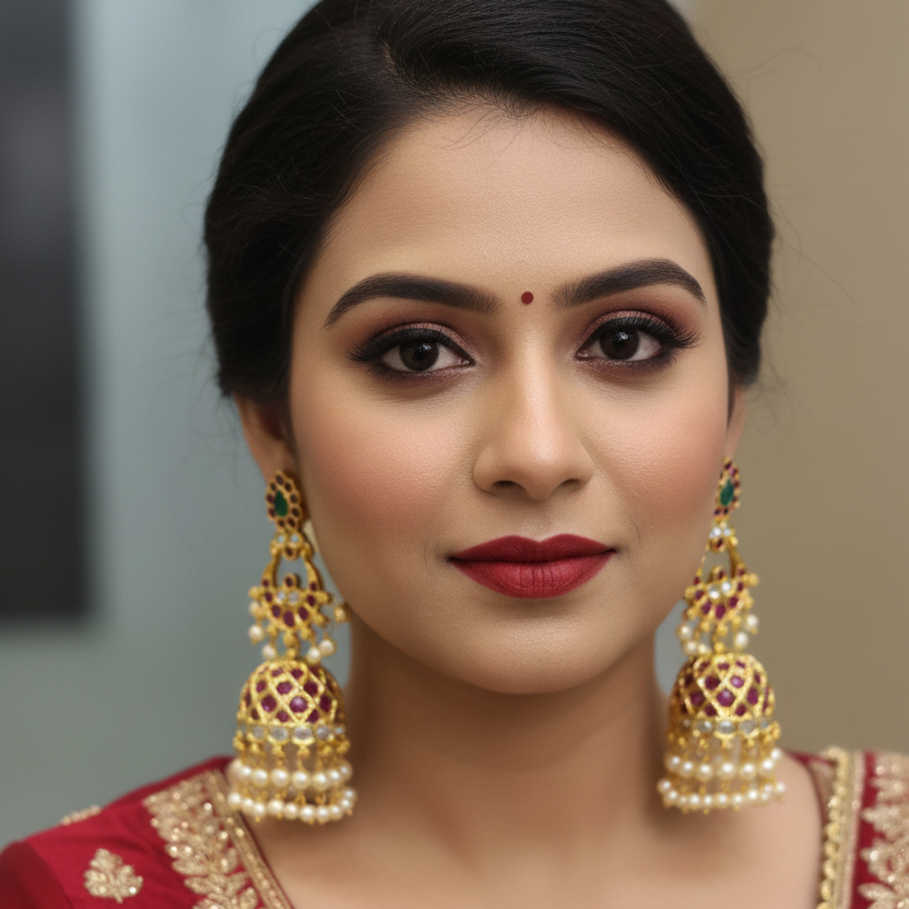Model wearing Chandbali Ruby Jhumka