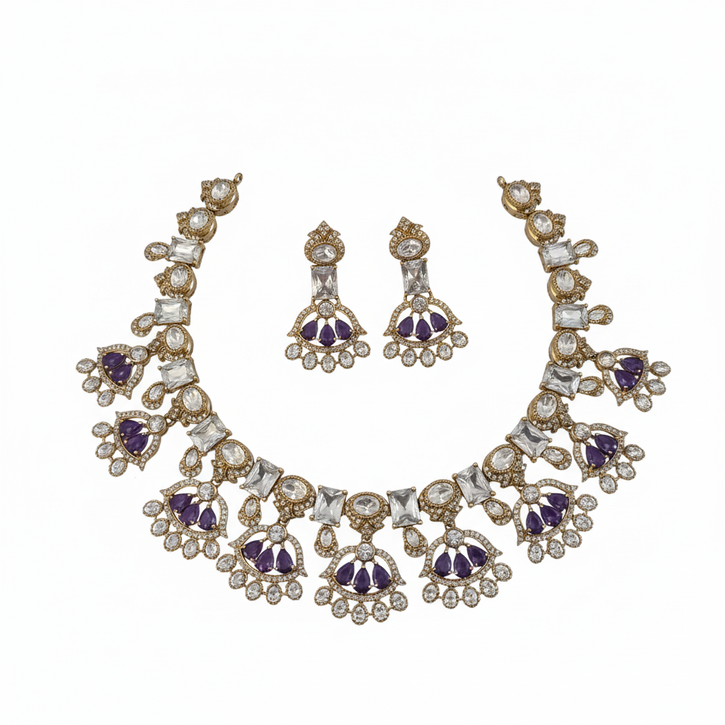 Victorian Kundan necklace set with purple gemstones on white background