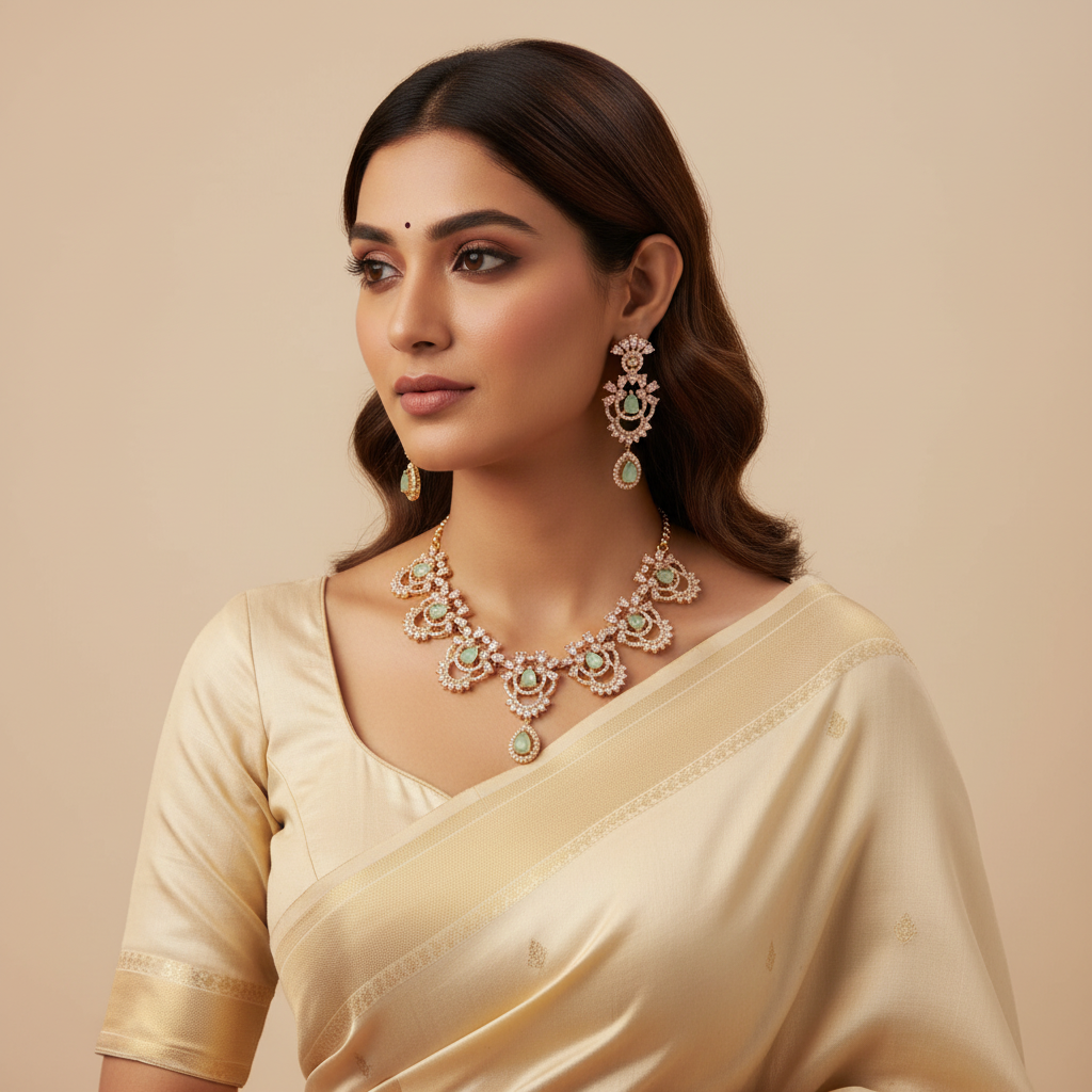 Lifestyle editorial photo of gold plated AD necklace set with pastel green stones