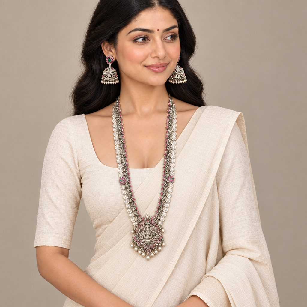 Model wearing an oxidized Lakshmi long haram necklace and matching jhumka earrings