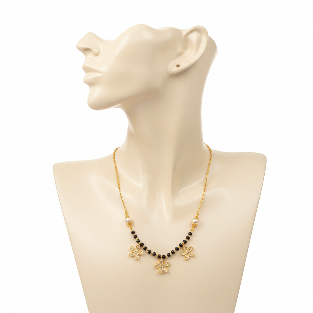 925 Silver Gold Plated Floral Necklace displayed on mannequin