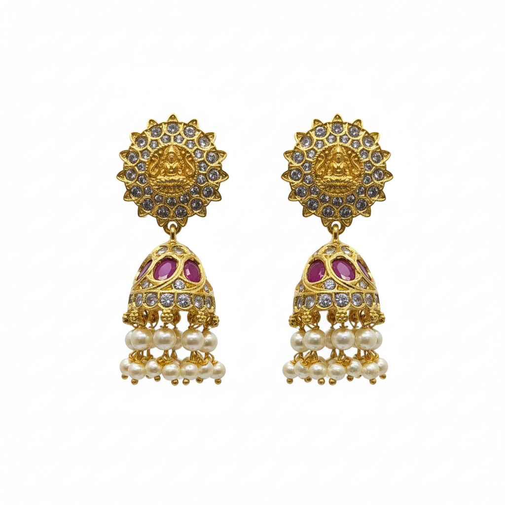 Lakshmi Sun Disc CZ Jhumka - Ruby Kempu - White Background