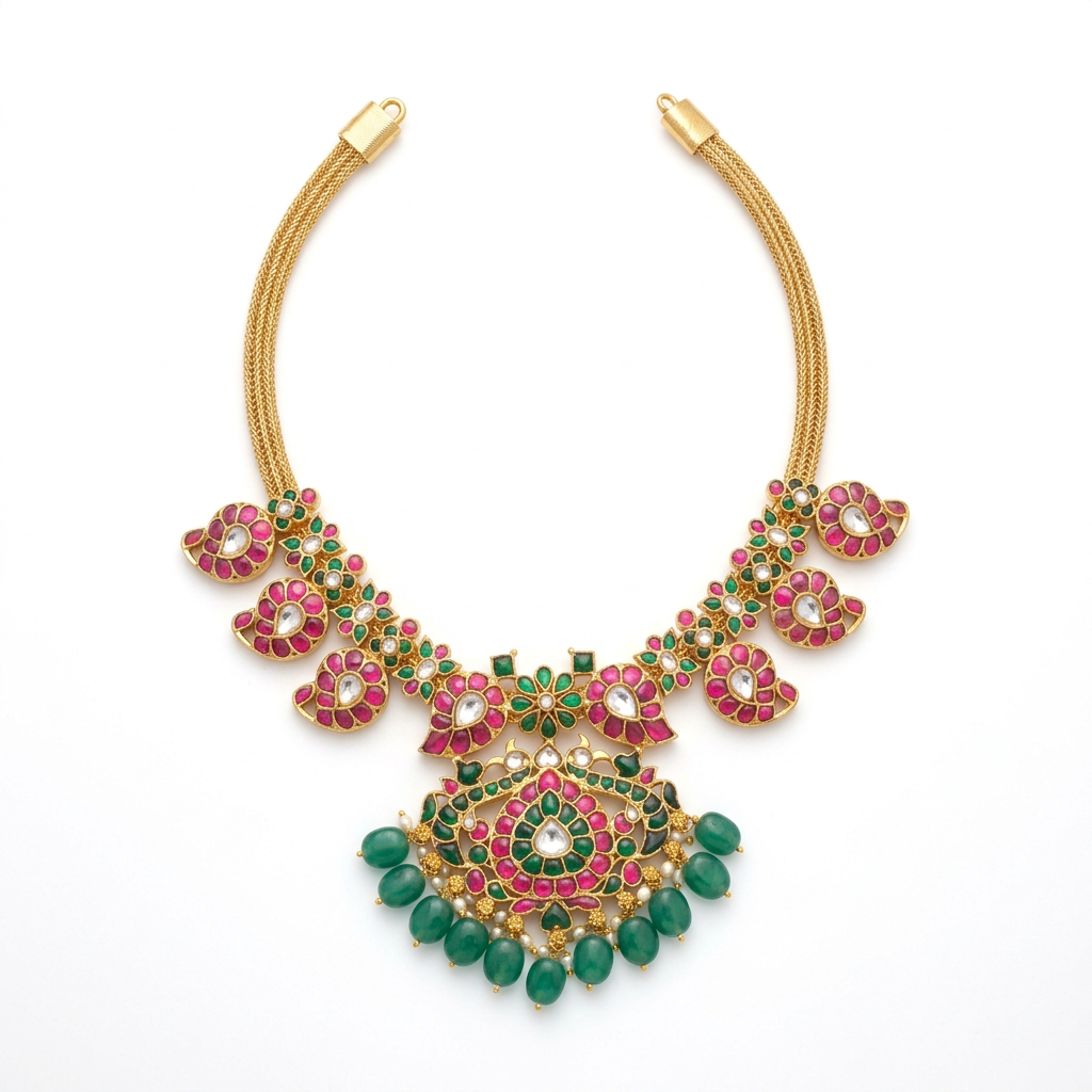 Jadau Kundan mango motif necklace with green bead drops on white background